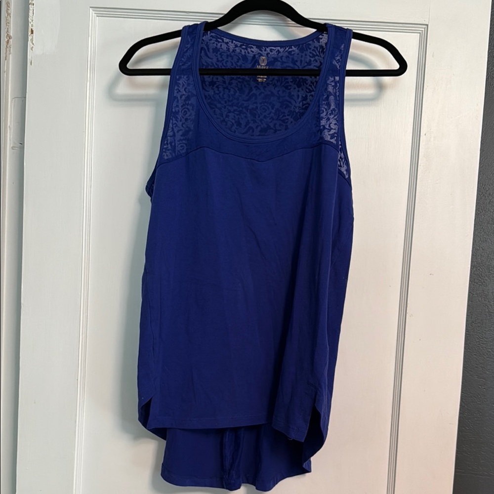 Balance Collection Women's Blue Tank Top, Sheer Lace Detailing
